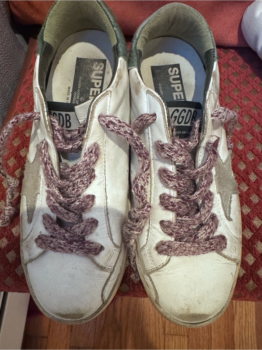 Golden Goose Women’s White Leather Sneakers with maroon Knit Laces